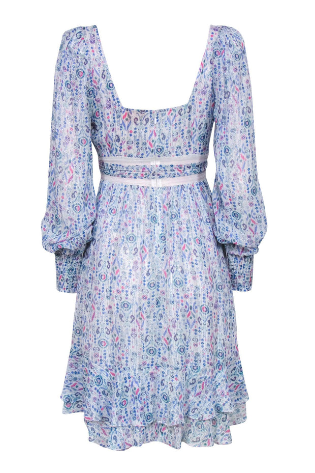 Current Boutique-Rococo Sand - White, Blue & Pink Printed Metallic Dress w/ Lace Sz P