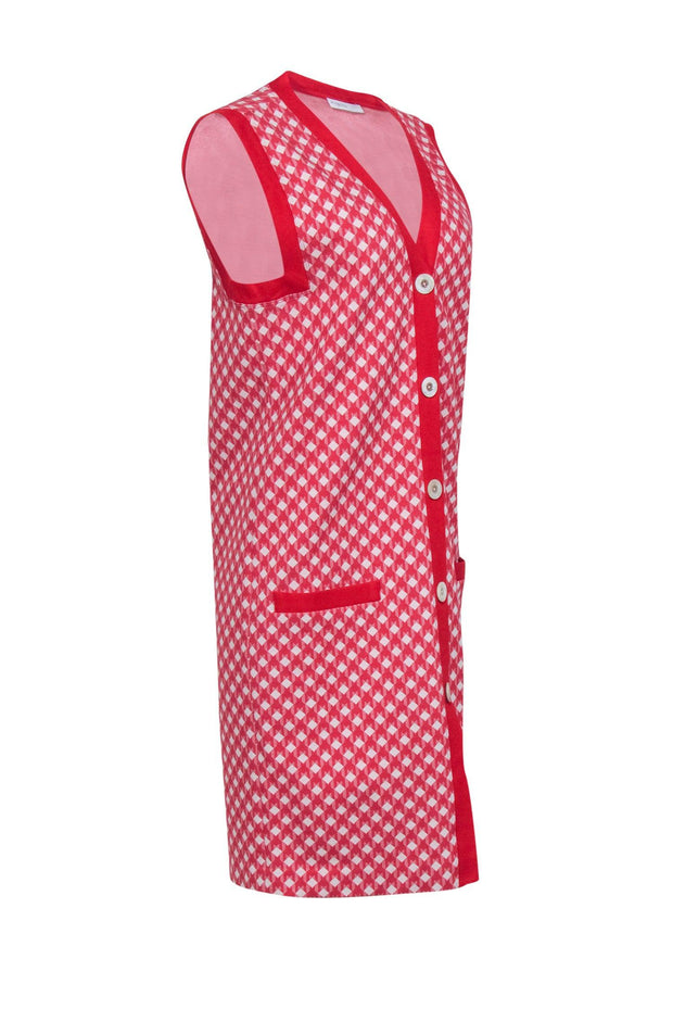 Current Boutique-Rosetta Getty - Red & White Printed Button Front Longline Sweater Vest Sz S