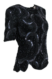 Current Boutique-Royal Feelings - Vintage Black Beaded & Sequin Silk Blouse w/ Petaled Hem Sz S