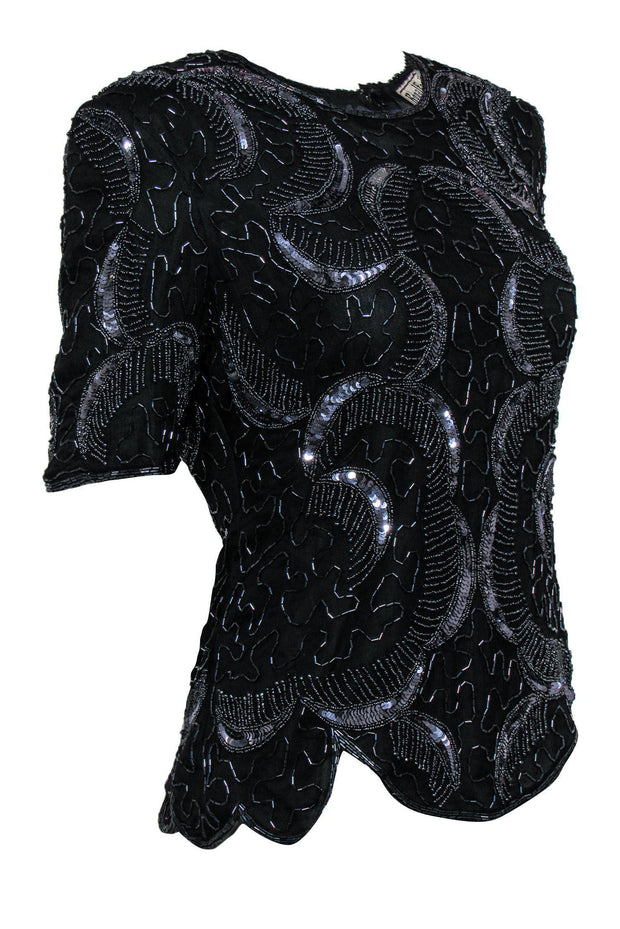 Current Boutique-Royal Feelings - Vintage Black Beaded & Sequin Silk Blouse w/ Petaled Hem Sz S