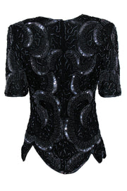 Current Boutique-Royal Feelings - Vintage Black Beaded & Sequin Silk Blouse w/ Petaled Hem Sz S