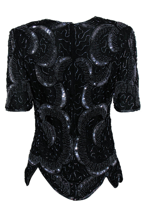 Current Boutique-Royal Feelings - Vintage Black Beaded & Sequin Silk Blouse w/ Petaled Hem Sz S