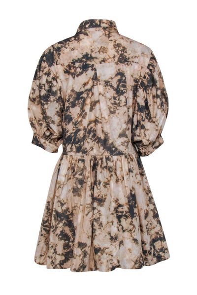Current Boutique-S/W/F - Tan & Green Tie Dye Puff Sleeve Button Front Dress Sz L