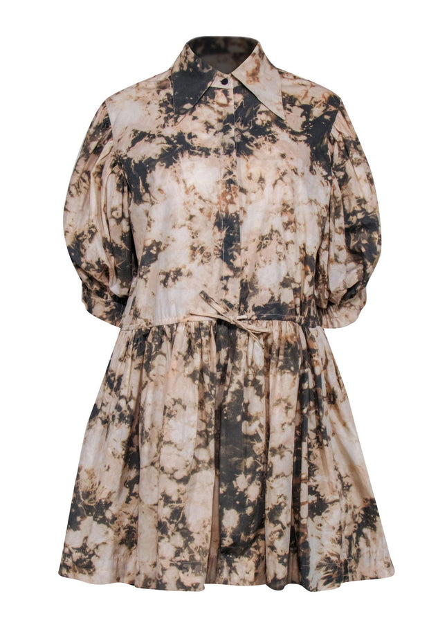 Current Boutique-S/W/F - Tan & Green Tie Dye Puff Sleeve Button Front Dress Sz L