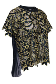 Current Boutique-Sacai - Navy Short Sleeve Blouse w/ Gold Floral Embroidered Design Sz S/M