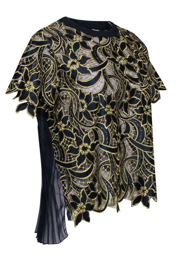 Current Boutique-Sacai - Navy Short Sleeve Blouse w/ Gold Floral Embroidered Design Sz S/M