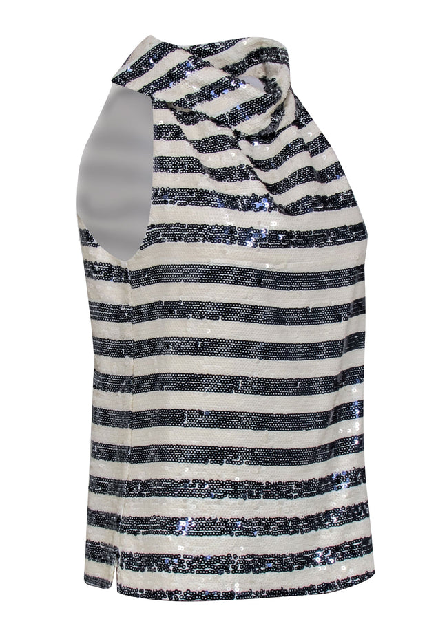 Current Boutique-Sail to Sable - Navy & Cream Sequin Stripe Cowl Neck Sleeveless Top Sz XS