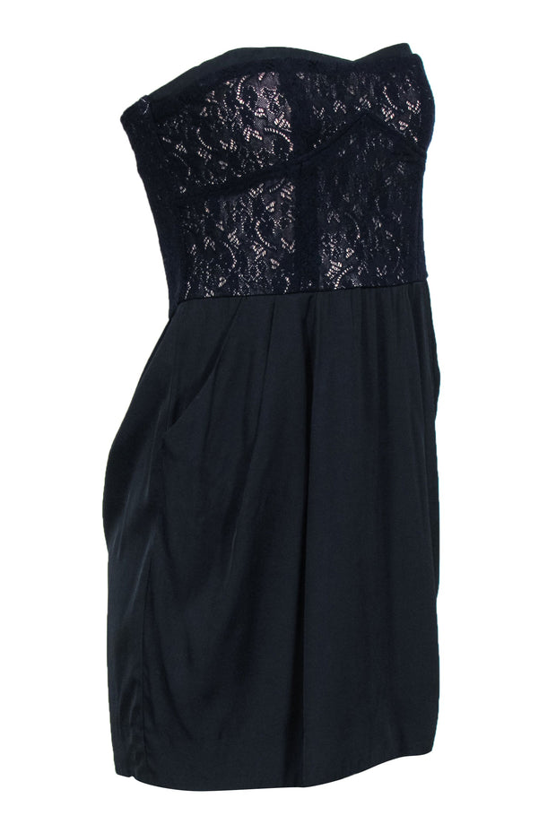 Current Boutique-Sandro - Navy & Black Lace Bodice Strapless Mini Dress Sz L