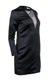 Current Boutique-Sandro - Black Satin Shift Dress w/ Plunge Mesh Neckline Sz S