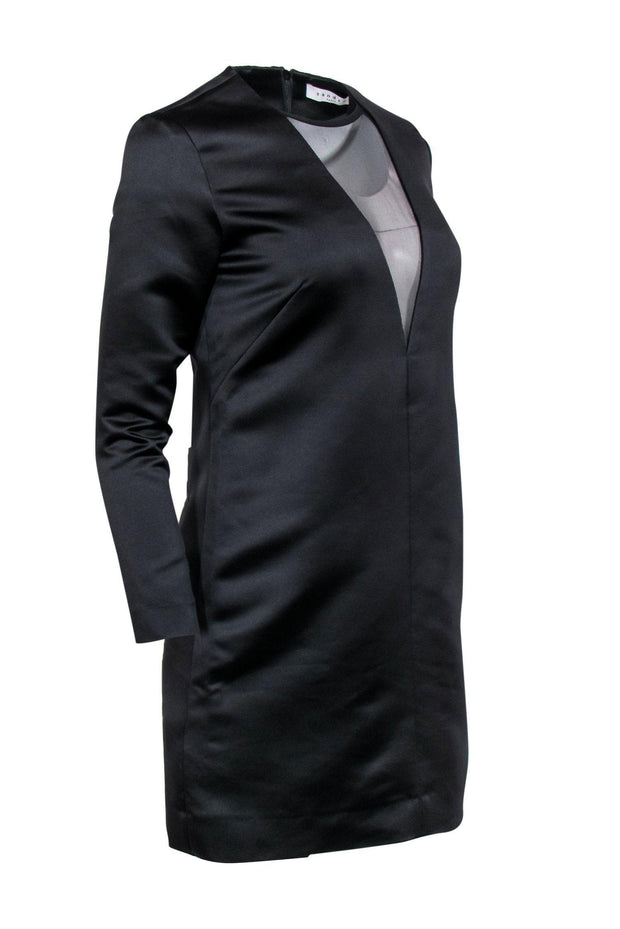 Current Boutique-Sandro - Black Satin Shift Dress w/ Plunge Mesh Neckline Sz S