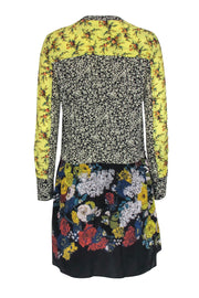 Current Boutique-Sandro - Black & Yellow Floral Print Shift Mini Dress w/ Pleats Sz 4