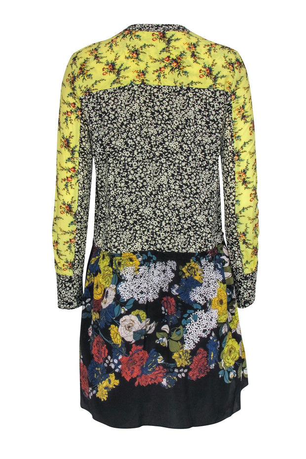 Current Boutique-Sandro - Black & Yellow Floral Print Shift Mini Dress w/ Pleats Sz 4