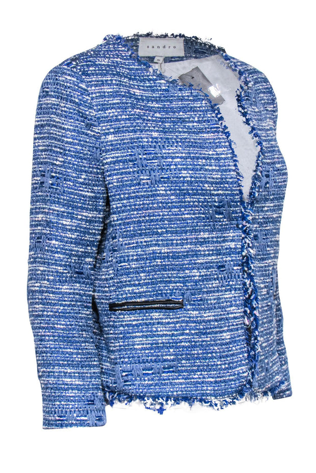 Current Boutique-Sandro - Blue & Ivory Tweed Open Front Jacket Sz 10