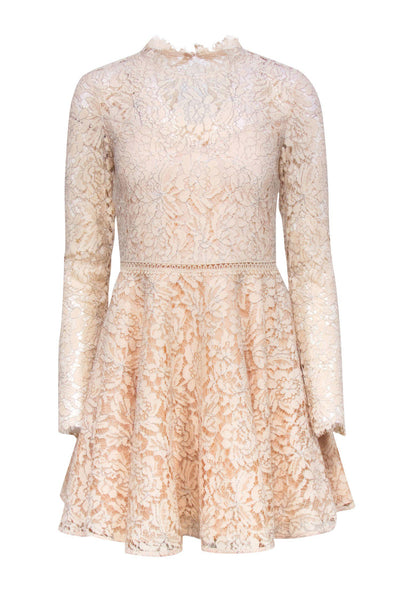 Current Boutique-Saylor - Beige Metallic Floral Lace Fit & Flare Dress w/ Back Cutout Sz S