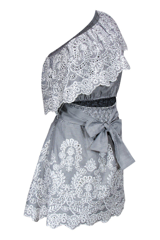 Current Boutique-Saylor - Grey & White Pinstripe One Shoulder Dress Sz M