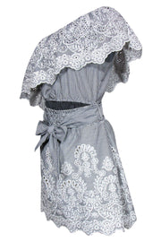 Current Boutique-Saylor - Grey & White Pinstripe One Shoulder Dress Sz M