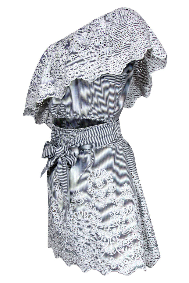 Current Boutique-Saylor - Grey & White Pinstripe One Shoulder Dress Sz M