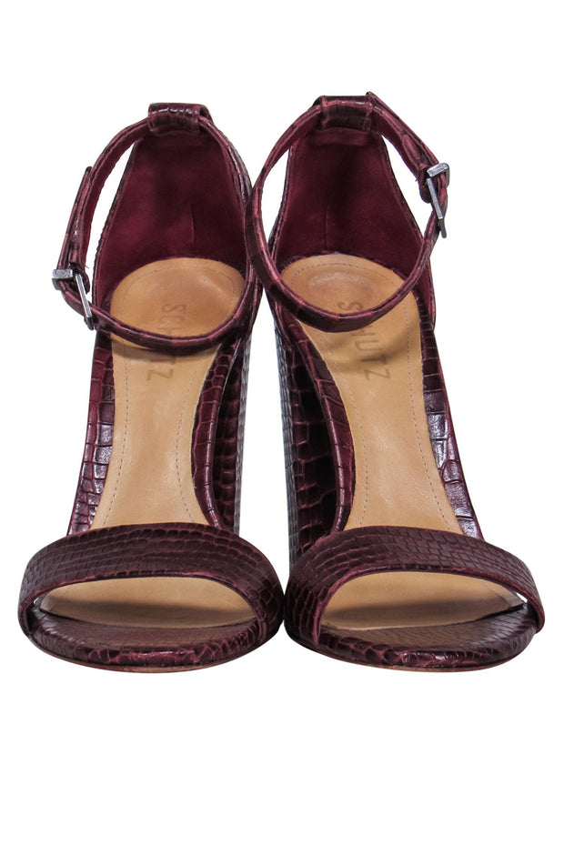 Current Boutique-Schutz - Burgundy Crocodile Embossed Block Heel Sandals Sz 7.5
