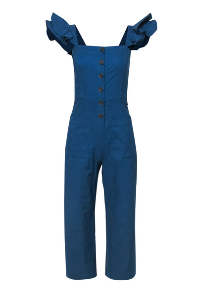 Current Boutique-Sea NY - Blue Ruffled Shoulder Wide-Leg Jumpsuit Sz 2