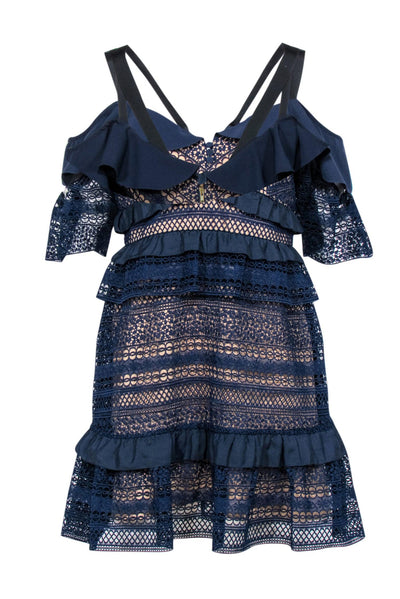 Current Boutique-Self-Portrait - Navy Lace Cocktail Dress w/ Colder Shoulders and Ruffles Sz 8