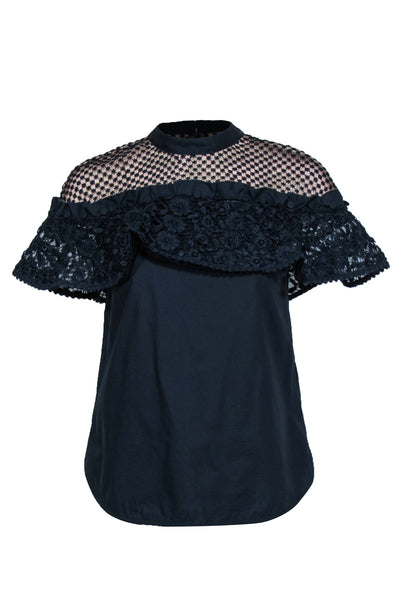 Current Boutique-Self-Portrait - Navy & Tan Embellished Ruffle Top w/ Mesh Sz 4