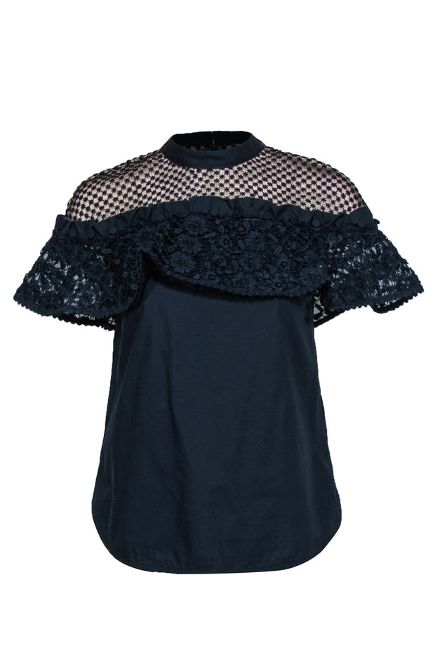 Current Boutique-Self-Portrait - Navy & Tan Embellished Ruffle Top w/ Mesh Sz 4