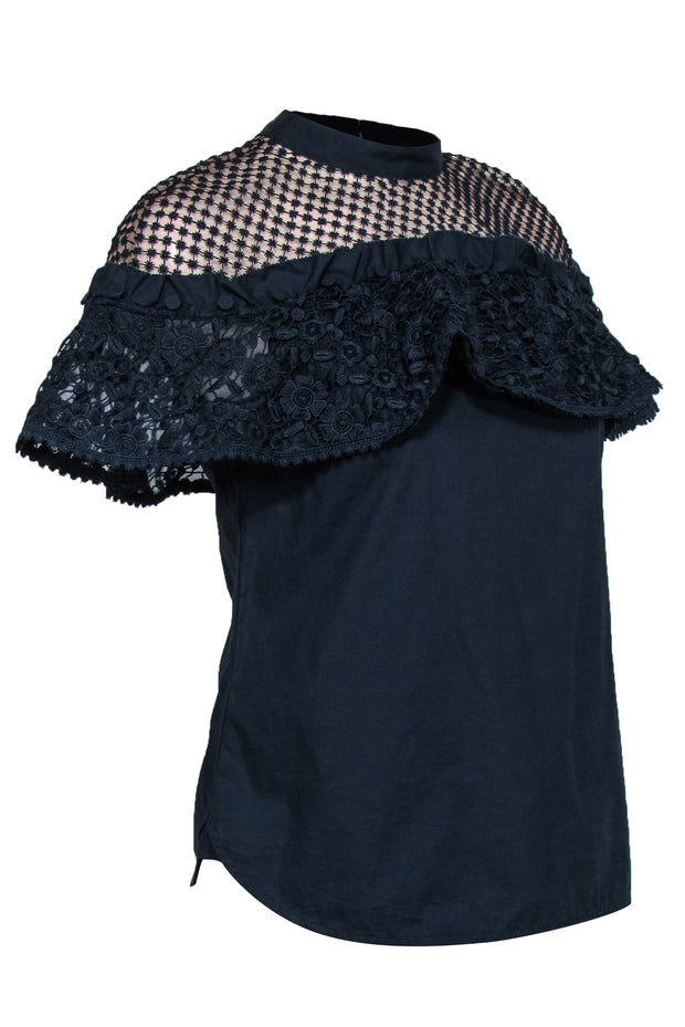 Current Boutique-Self-Portrait - Navy & Tan Embellished Ruffle Top w/ Mesh Sz 4