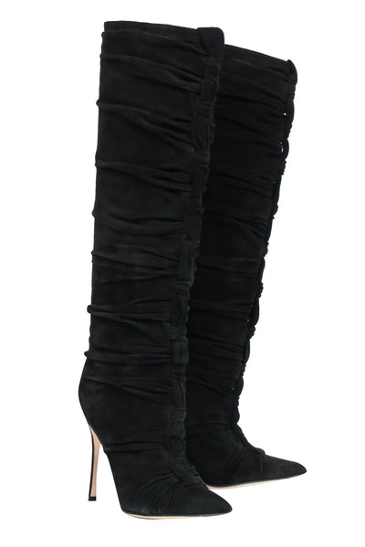 Current Boutique-Sergio Rossi - Black Suede Ruched Stiletto Knee High Boots Sz 7