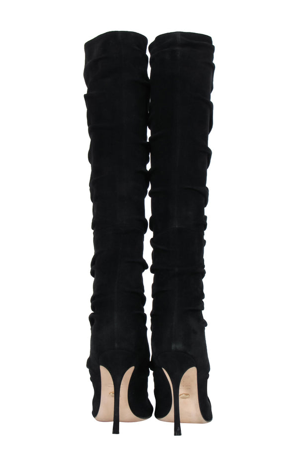 Current Boutique-Sergio Rossi - Black Suede Ruched Stiletto Knee High Boots Sz 7