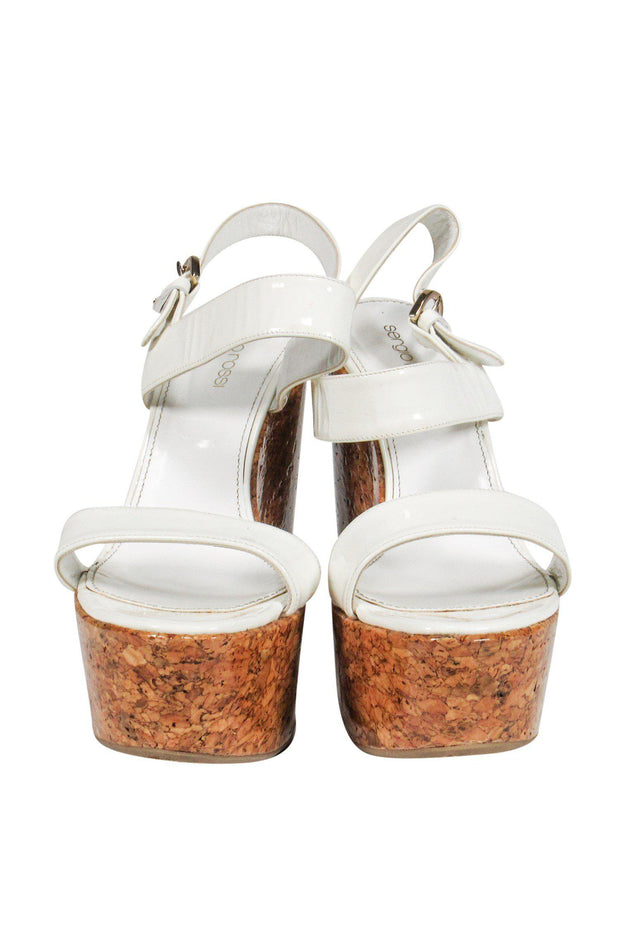Current Boutique-Sergio Rossi - Off-White Patent Leather Cork Wedge Sandals Sz 8.5