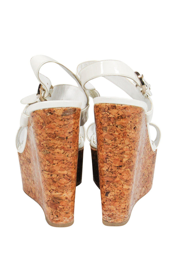 Current Boutique-Sergio Rossi - Off-White Patent Leather Cork Wedge Sandals Sz 8.5