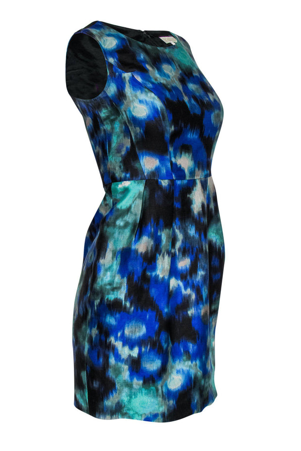 Current Boutique-Shoshanna - Blue, Black & Green Watercolor Print Fit & Flare Dress Sz 4