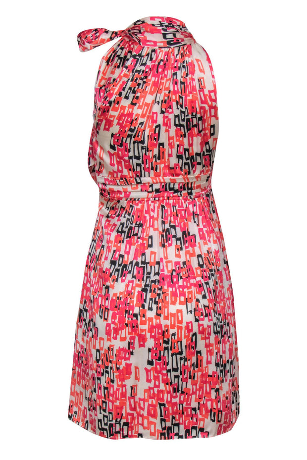 Current Boutique-Shoshanna - White & Pink Printed Satin Tied Neck Dress Sz 0