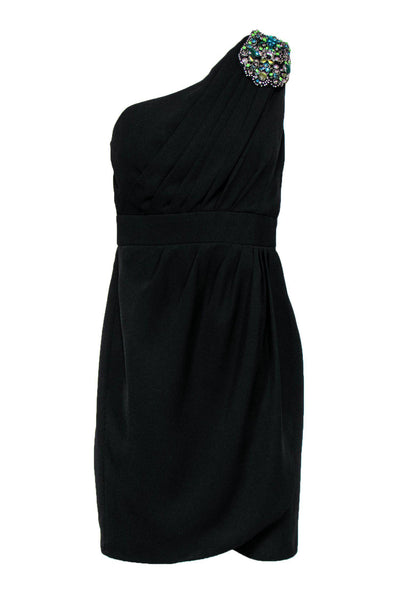 Current Boutique-Shoshanna - Black Ruched One-Shoulder Sheath Dress w/ Jeweled Design Sz 6