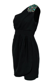 Current Boutique-Shoshanna - Black Ruched One-Shoulder Sheath Dress w/ Jeweled Design Sz 6