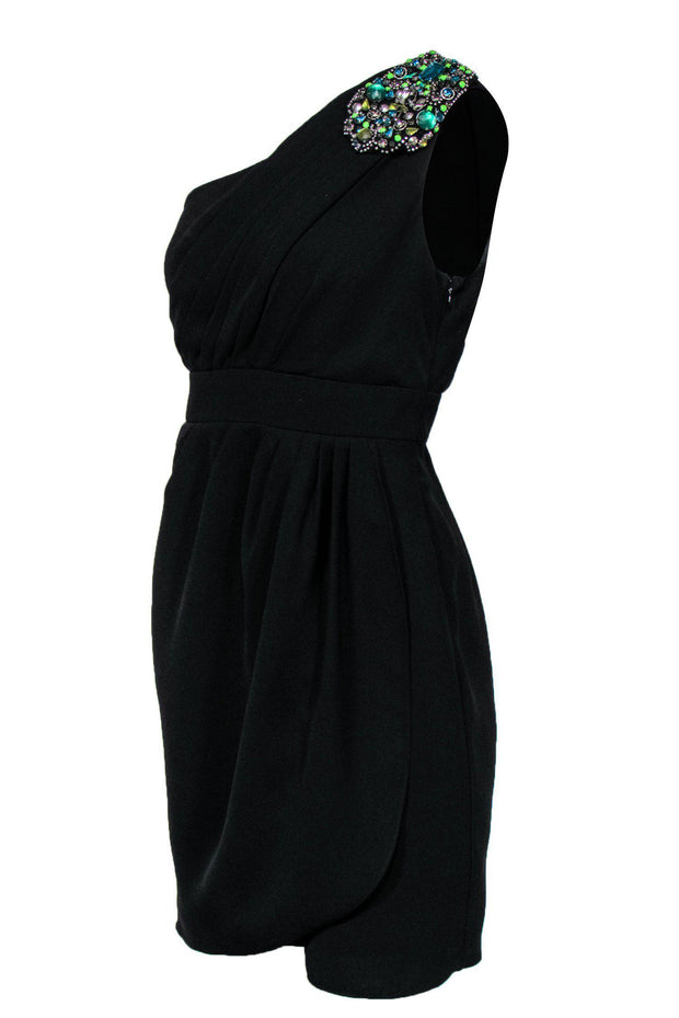 Current Boutique-Shoshanna - Black Ruched One-Shoulder Sheath Dress w/ Jeweled Design Sz 6
