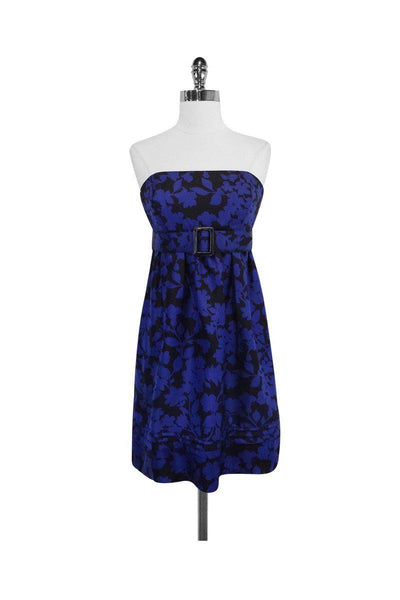 Current Boutique-Shoshanna - Blue & Black Floral Print Silk Strapless Dress Sz 6