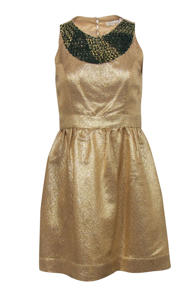 Current Boutique-Shoshanna - Gold Brocade Dress w/ Green & Golden Sequins Sz 6