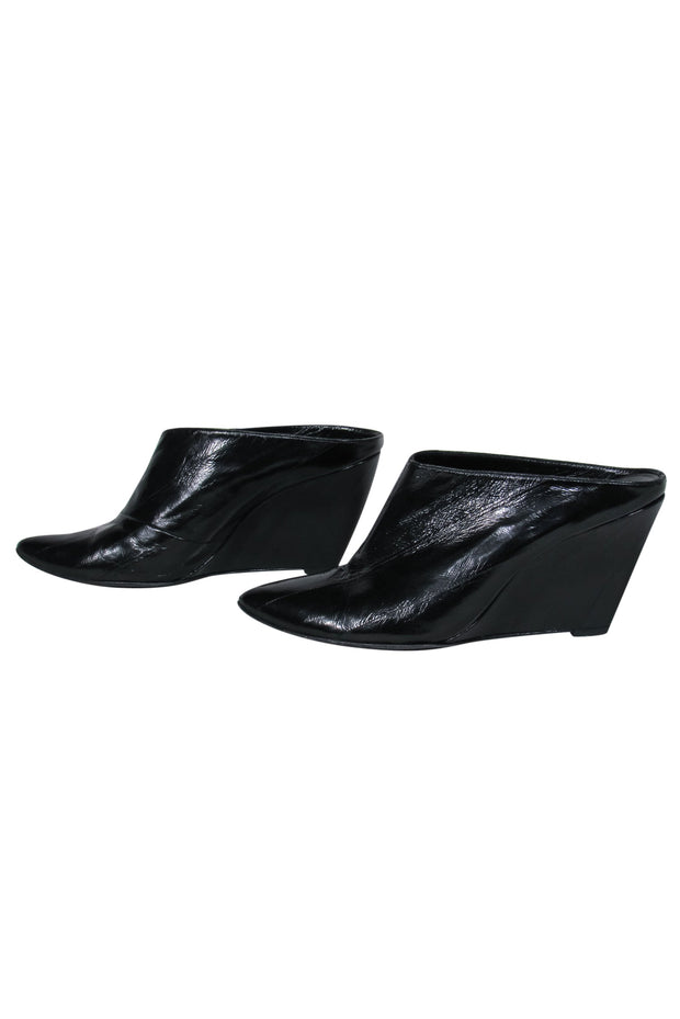 Current Boutique-Sigerson Morrison - Black Textured Patent Leather Wedge Mules Sz 10