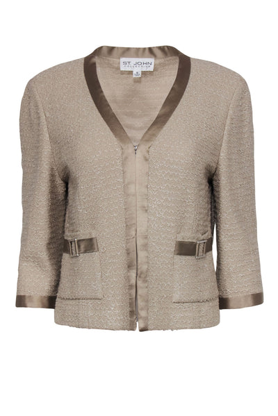 Current Boutique-St. John - Tan Textured Blazer w/ Satin Trim & Silver Hardware Sz 12