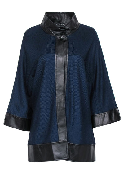 Current Boutique-St. John - Navy Buttoned Cardigan w/ Leather Trim Sz M/L