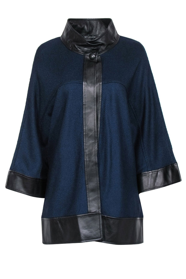 Current Boutique-St. John - Navy Buttoned Cardigan w/ Leather Trim Sz M/L