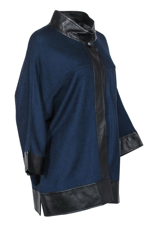 Current Boutique-St. John - Navy Buttoned Cardigan w/ Leather Trim Sz M/L
