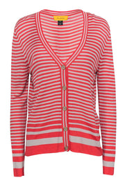 Current Boutique-St. John - Coral & Beige Striped Button-Up Cardigan Sz M