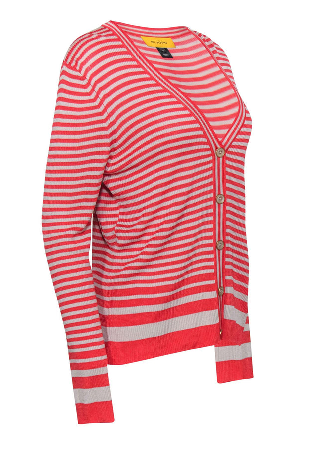 Current Boutique-St. John - Coral & Beige Striped Button-Up Cardigan Sz M