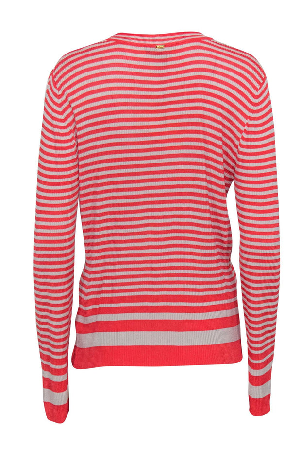 Current Boutique-St. John - Coral & Beige Striped Button-Up Cardigan Sz M