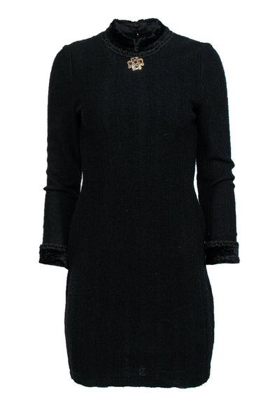 Current Boutique-St. John - Black Vintage Wool Mock Neck Dress w/ Brooch Sz 2