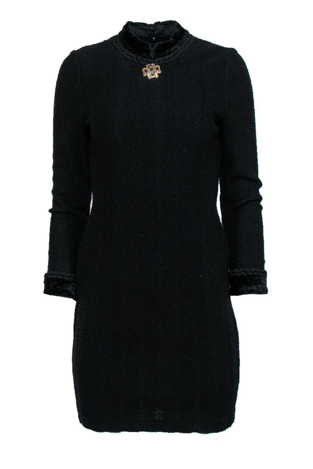 Current Boutique-St. John - Black Vintage Wool Mock Neck Dress w/ Brooch Sz 2