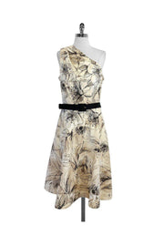 Current Boutique-St. John - Tan & Black Floral Print Cotton One Shoulder Dress Sz 14