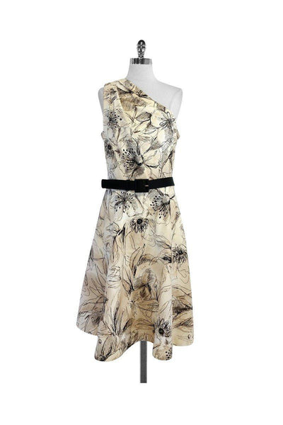 Current Boutique-St. John - Tan & Black Floral Print Cotton One Shoulder Dress Sz 14